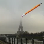tour Eiffel à moitié dans le brouillard surmontée d'un crayon-gomme