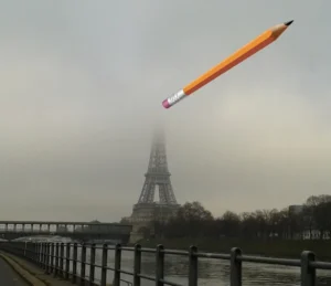 tour Eiffel à moitié dans le brouillard surmontée d'un crayon-gomme